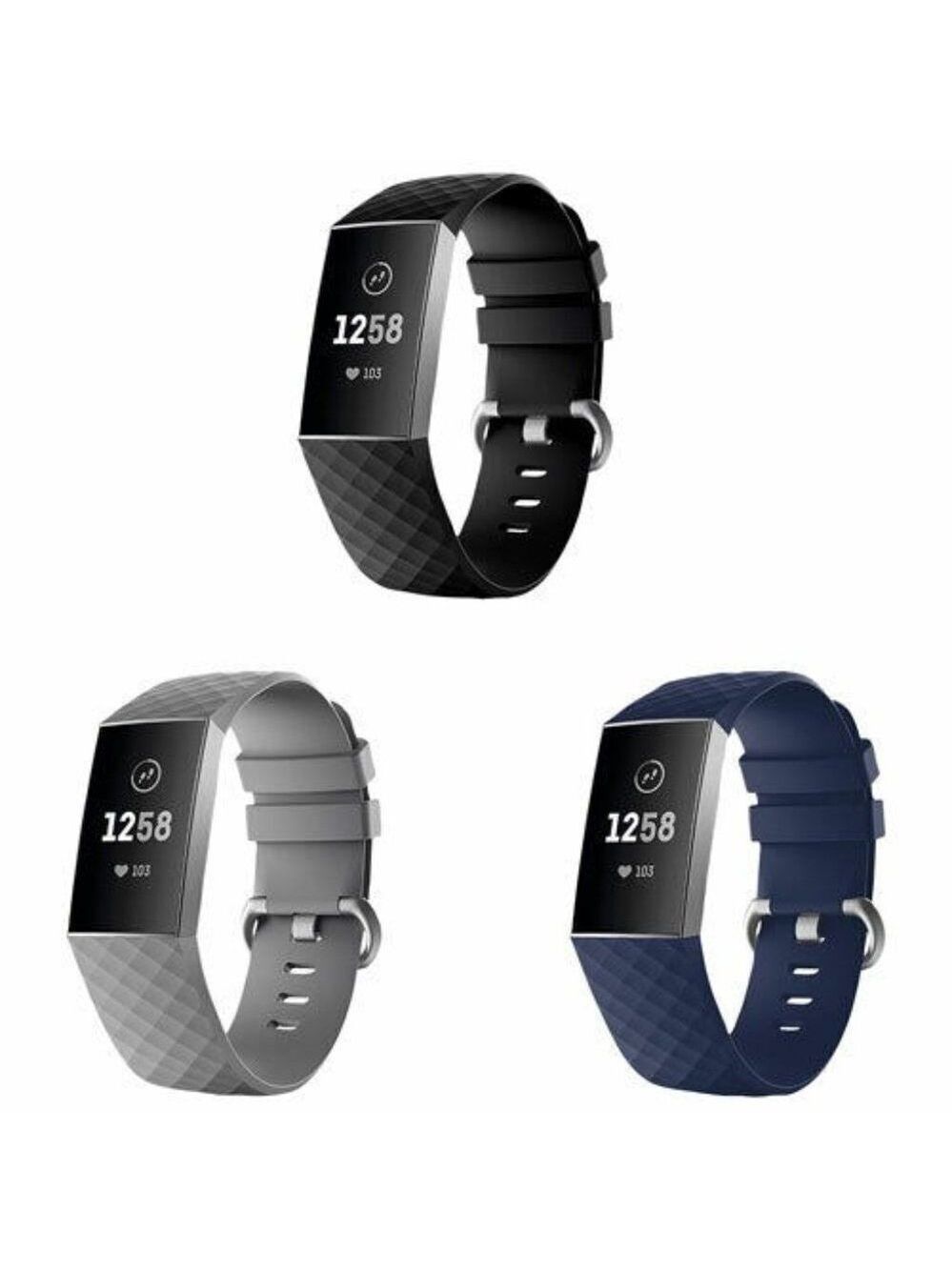 StrapsCo Silicone Strap for Fitbit Charge 4 & 3 - Black/Blue/Grey - 3 Pa…